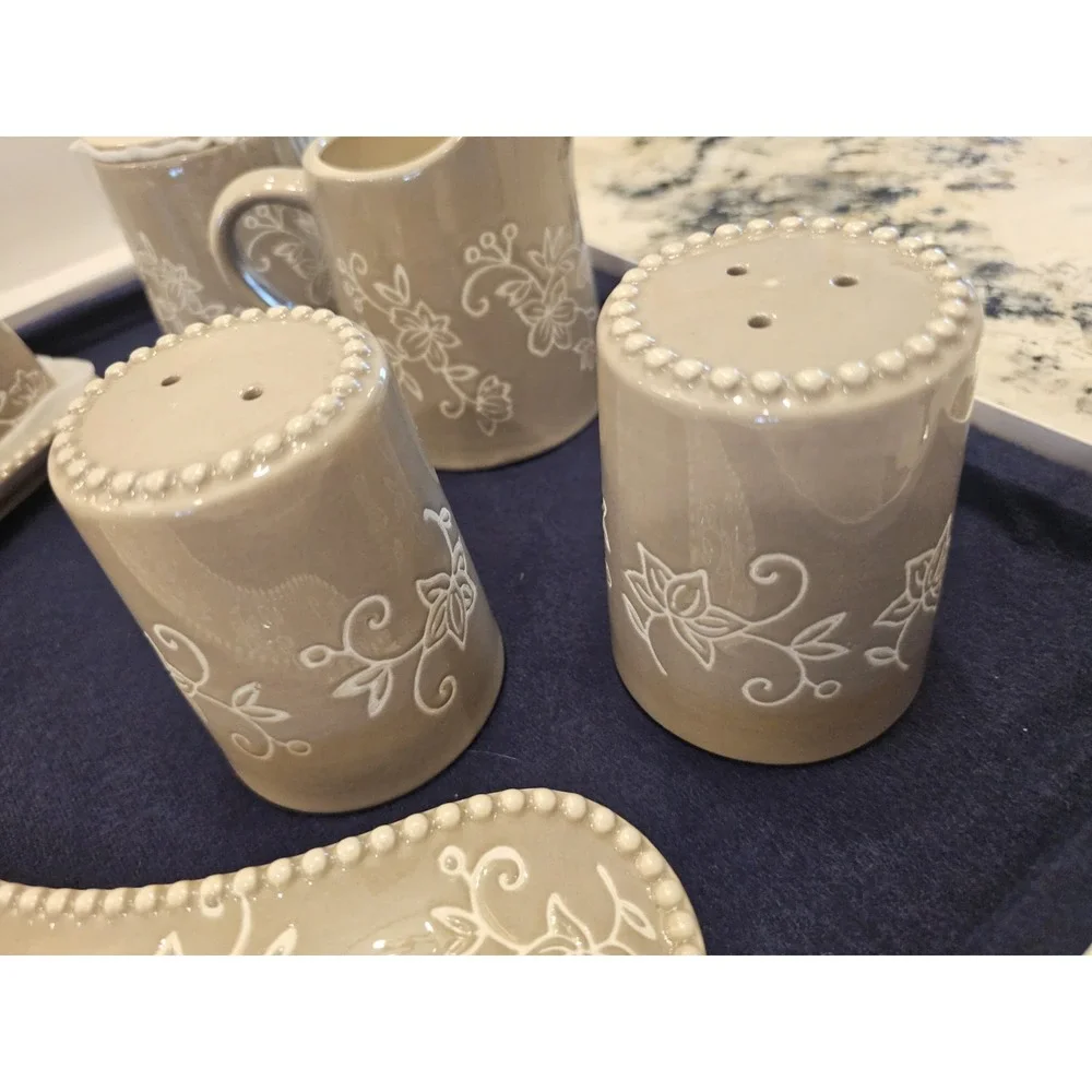 Temp-tations Butter Dish, Sugar, Creamer, Salt, Pepper Shaker Spoon Rest Taupe